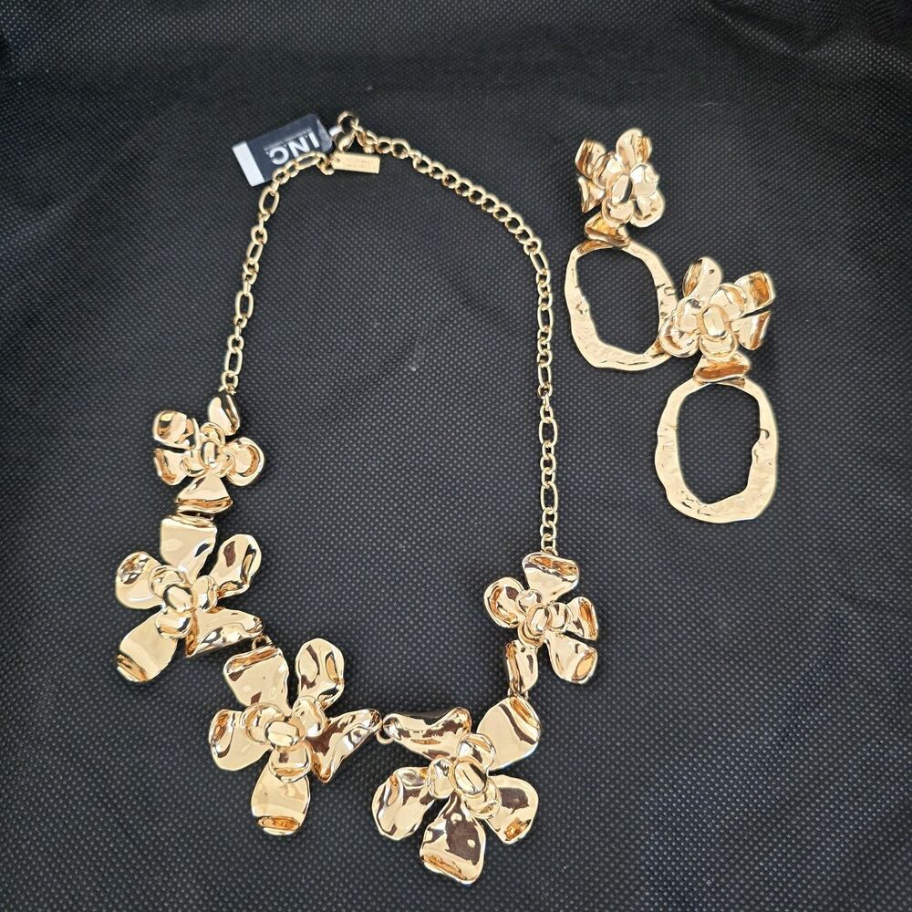 INC International Concepts Shiny Gold Sculpted Floral Necklace and Earrings Set